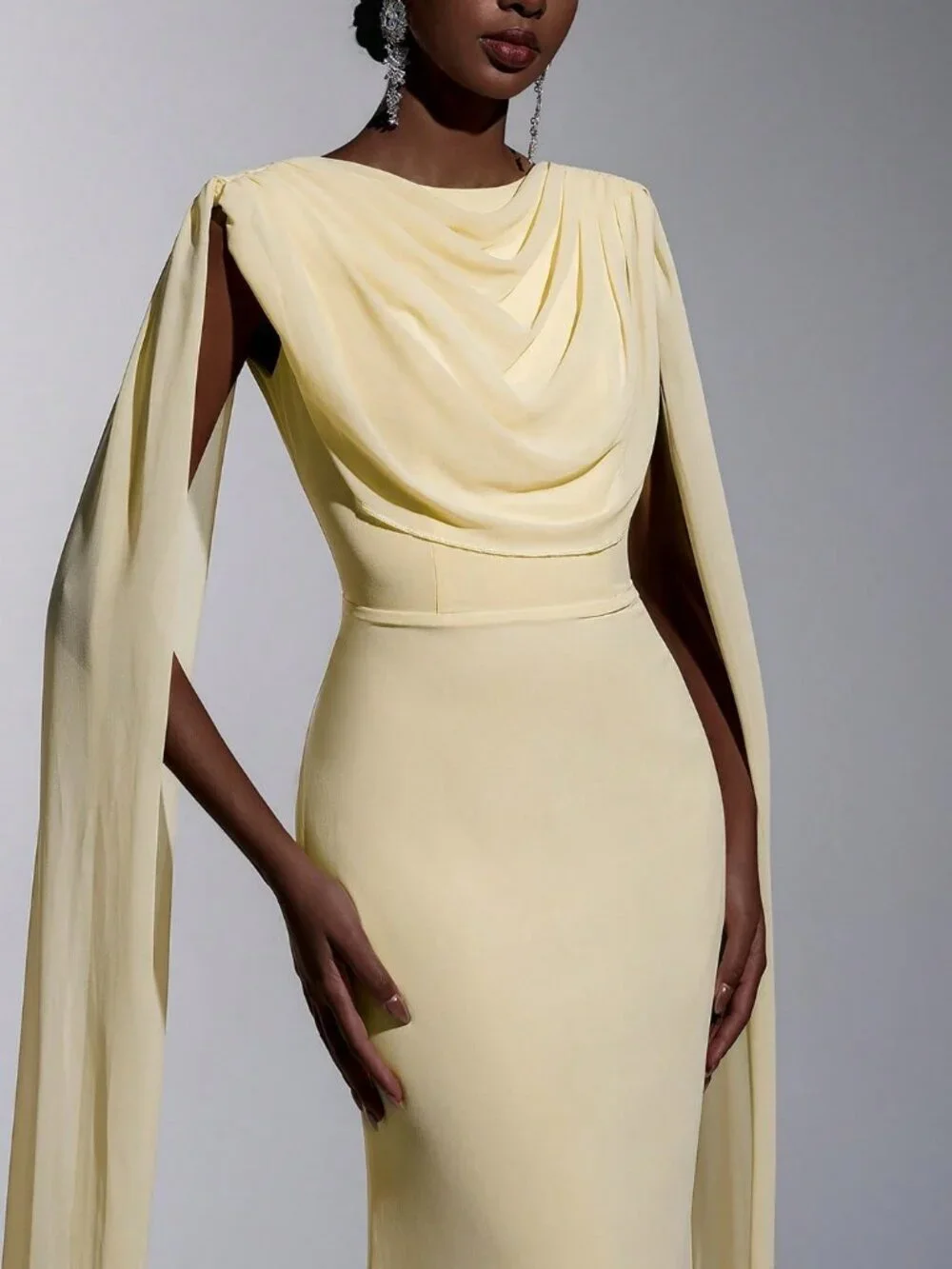 Yellow Elegant Women's Chiffon Ruffle Neck Fishtail Hem Formal Dress